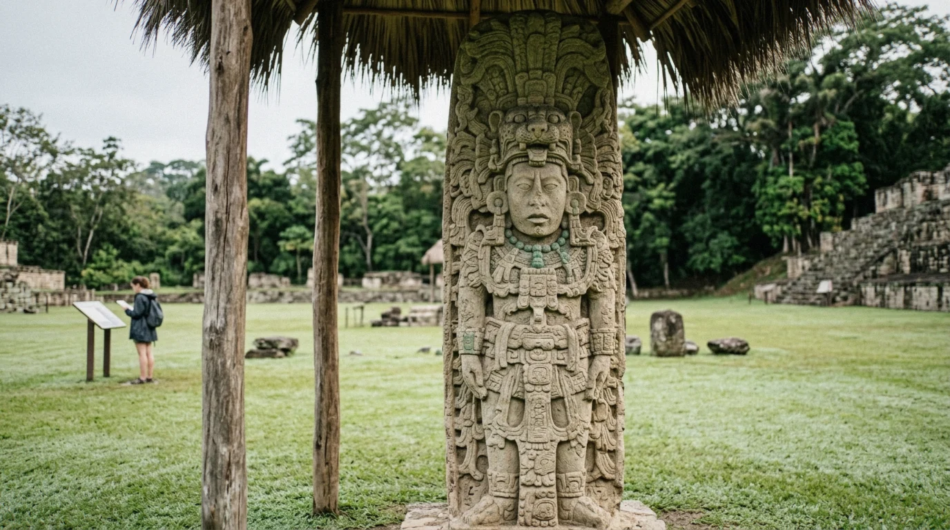 Carved stela on the Great Plaza of the Copán ruins in Honduras
